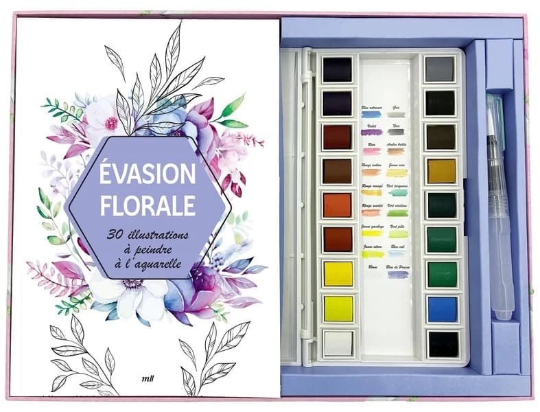 Evasion florale : 30 illustrations à peindre à l'aquarelle. Avec une palette aquarelle de 18 couleurs, 1 pinceau réservoir, 30 illustrations à peindre et 2 nuanciers