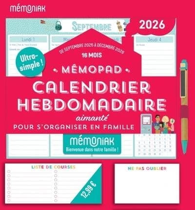 Mémopad calendrier hebdomadaire bloc aimanté pour s'organiser en famille : De septembre 2025 à décembre 2026