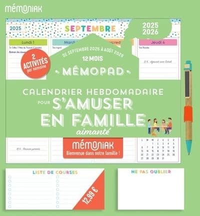 Mémopad calendrier hebdomadaire bloc aimanté pour s'amuser en famille : De septembre 2025 à août 2026