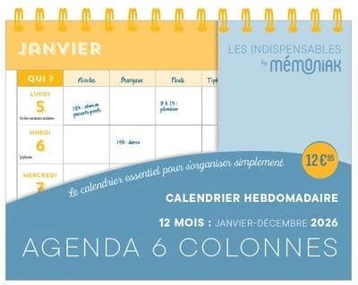 Calendrier hebdomadaire janvier-décembre : Agenda 6 colonnes