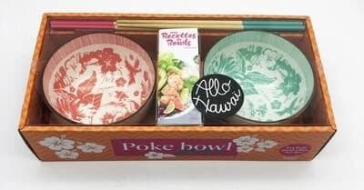 Poke bowls Aloha : Ce coffret contient : 2 bols décorés, 2 paires de baguettes, 1 livre de recettes de bowls à composer