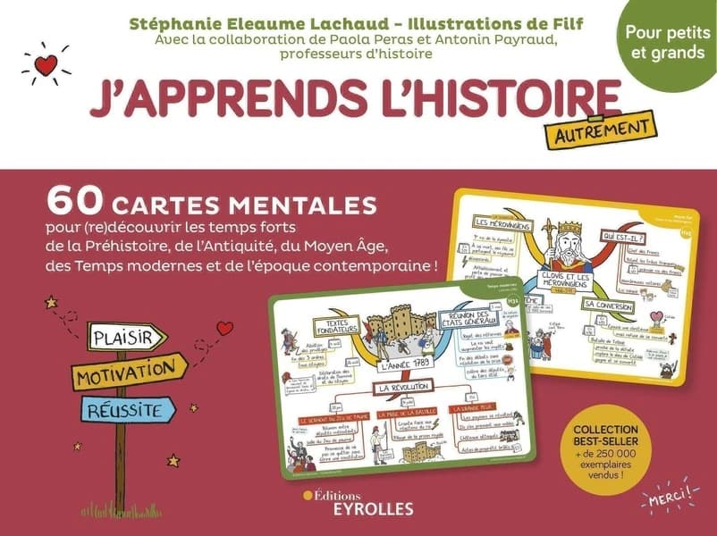 J'apprends l'histoire autrement : pour petits et grands : 60 cartes mentales pour (re)découvrir les temps forts de la Préhistoire, de l'Antiquité, du Moyen âge, des temps modernes et de l'époque contemporaine !
