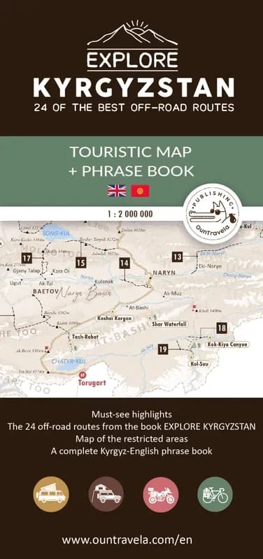 Explore Kyrgyzstan, 24 of the best off-road routes : touristic map + phrase book
