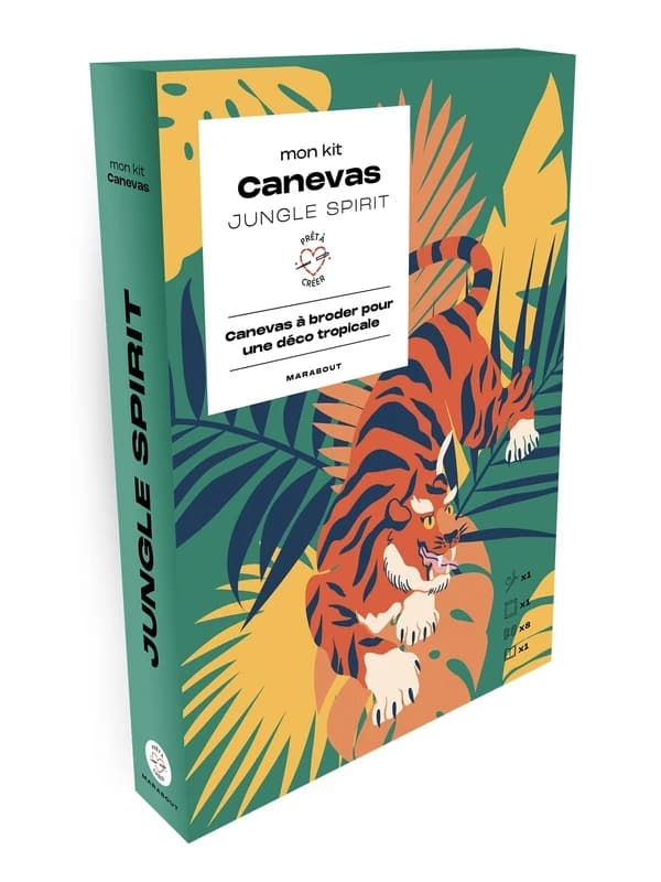Mon kit canevas Jungle spirit : Canvevas à broder pour une déco tropicale - Coffret avec 1 toile à canevas, 1 aiguille, 7 échevettes et 1 livret