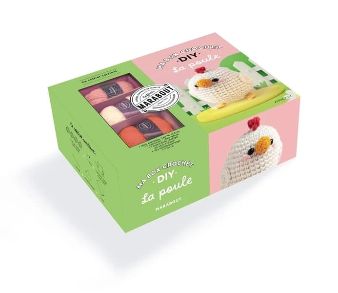 Ma box crochet DIY La poule : Avec 4 fils de couleur 100% coton, 1 crochet, 2 yeux, 1 pancarte vierge et son ruban, du rembourrage