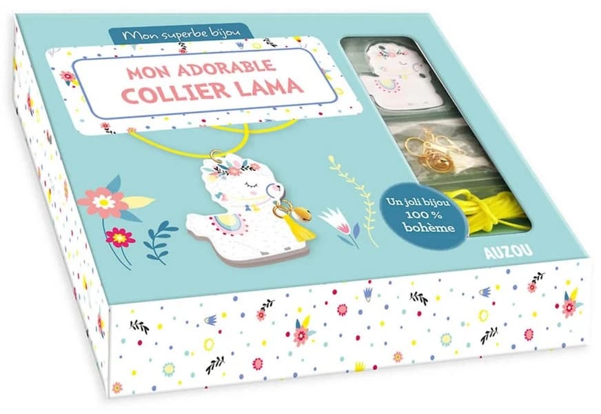 Mon adorable collier lama - Le livre pour réaliser le bijou avec 1 pendentif lama, 1 cordon jaune néon, 1 pompon, 1 grelot, 4 anneaux de raccord et 2 pinces lacets