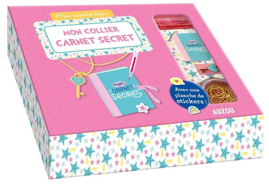 Mon collier carnet secret : Avec 3 couvertures au choix, 1 carnet de 32 pages à réaliser, 1 planche de stickers, 1 stylo, 1 chaîne bille, 1 charm clé, des anneaux de raccord