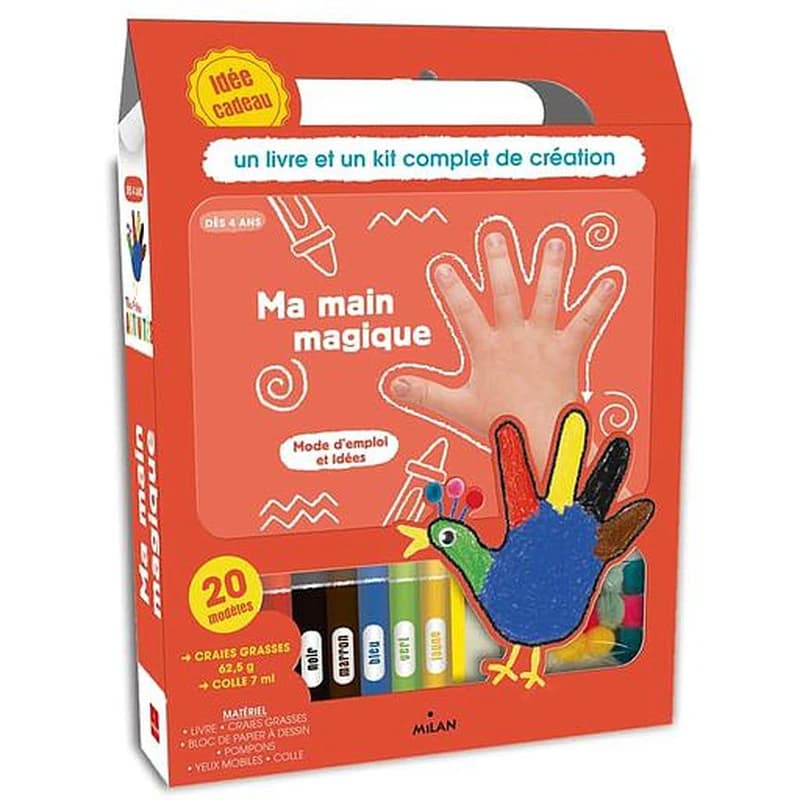 Ma main magique  - Avec 1 bloc de papier à dessin, 6 craies grasses, 20 yeux mobiles, 10 pompons et 1 tube de colle