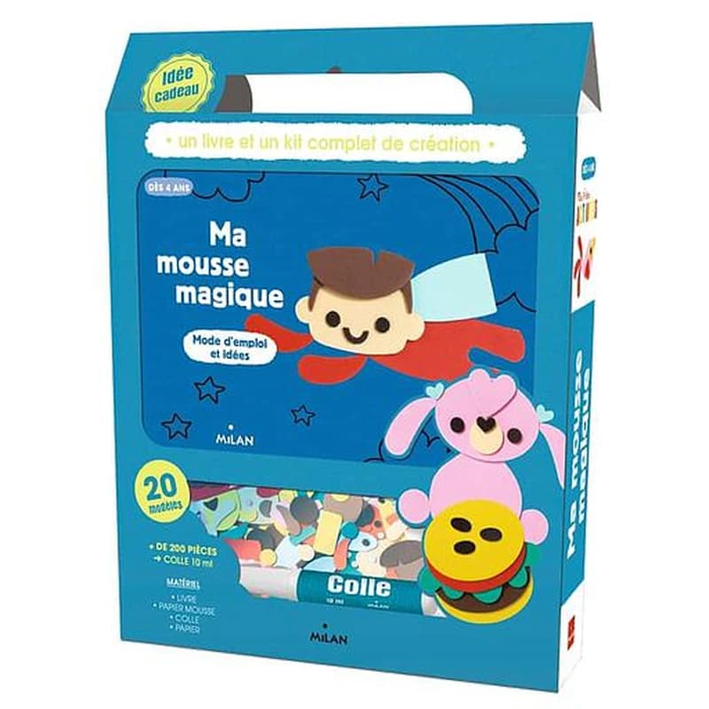Ma mousse magique  - Avec 1 livre, 243 formes prédécoupées en papier mousse, 1 tube de colle, 20 feuilles de papier