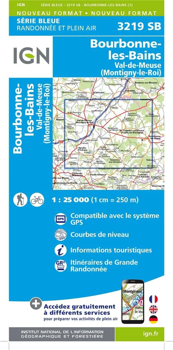Bourbonne-les-Bains : Val-de-Meuse, Montigny-le-Roi (Éd. 1) réalisé et édité par l'Institut national de l'information géographique et forestière ; [surcharges] Fédération française de la randonnée pédestre