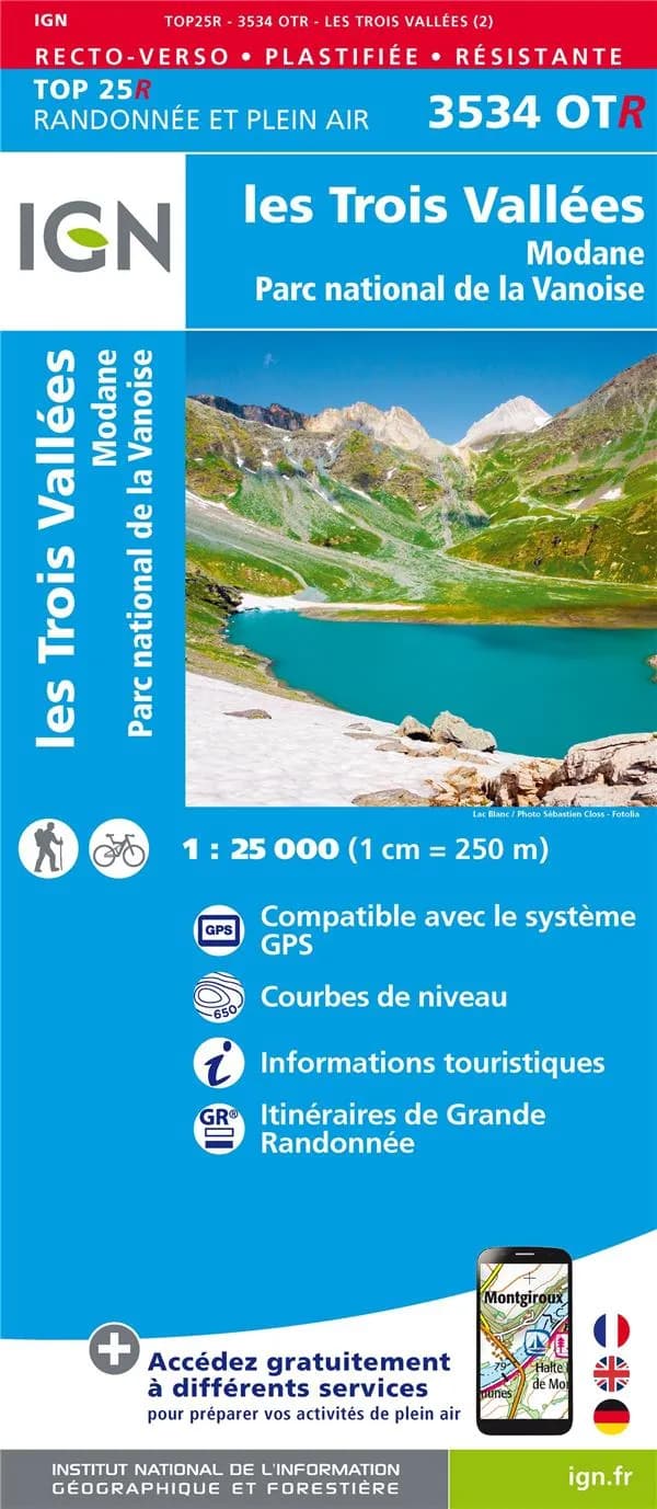 Les Trois Vallées : Modane : Parc national de la Vanoise (Éd. 2) Institut national de l'information géographique et forestière ; [avec la collaboration de la Fédération française de la randonnée pédestre]