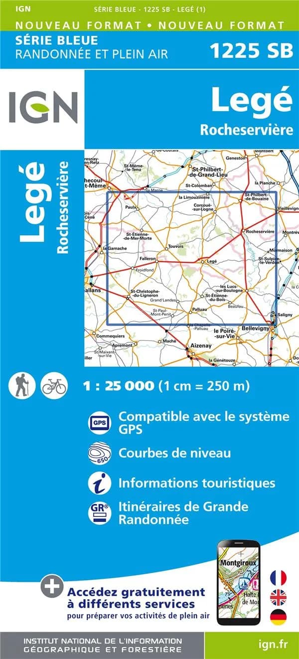 Legé : Rocheservière (Éd. 1) réalisé et édité par l'Institut national de l'information géographique et forestière ; [surcharges] Fédération française de la randonnée pédestre