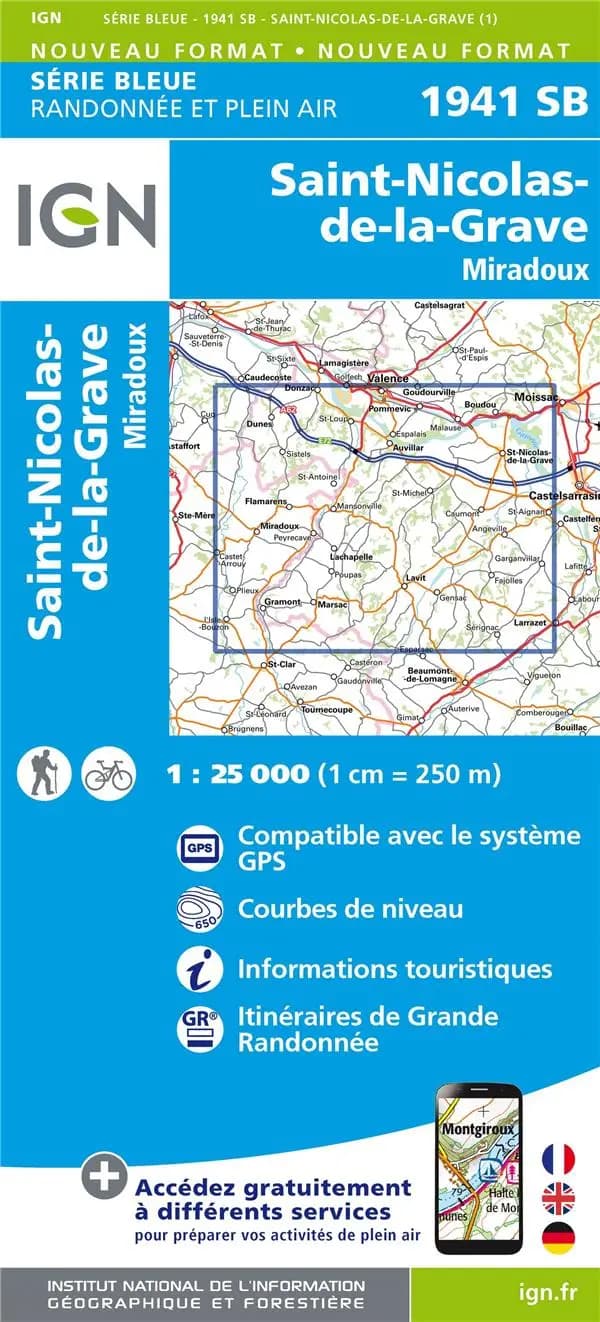 Saint-Nicolas-de-la-Grave : Miradoux (Éd. 1) réalisé et édité par l'Institut national de l'information géographique et forestière ; [surcharges] Fédération française de la randonnée pédestre
