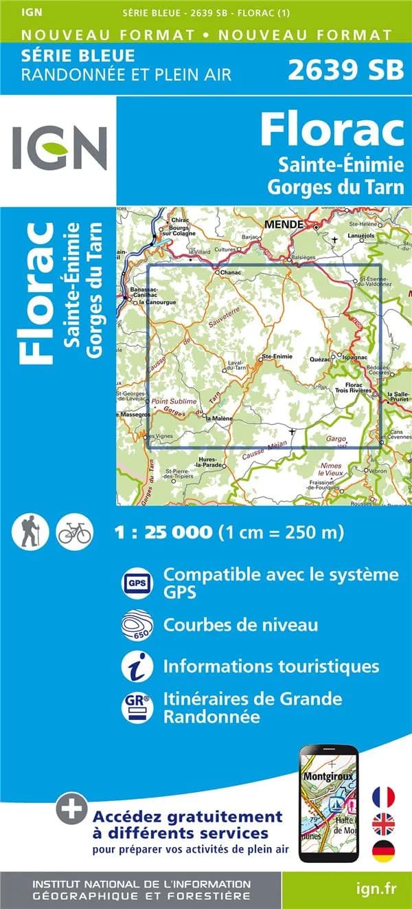Florac : Sainte-Énimie - Gorges du Tarn (Éd. 1) réalisé et édité par l'Institut national de l'information géographique et forestière ; [surcharges] Fédération française de la randonnée pédestre