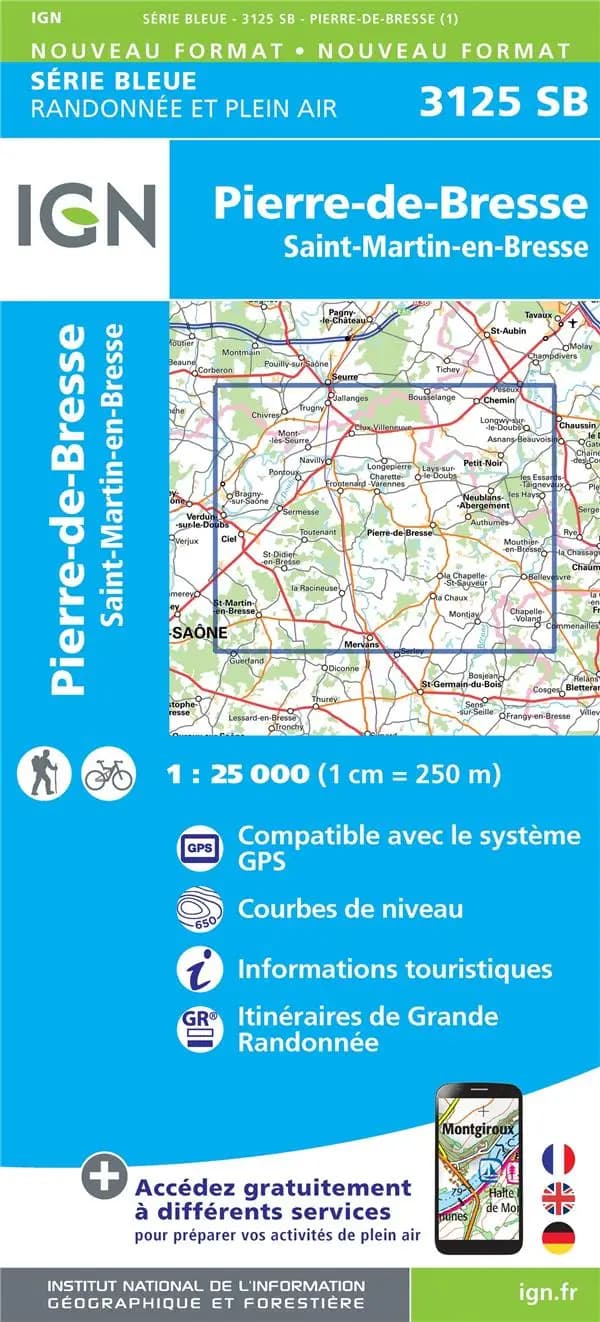 Pierre-de-Bresse : Saint-Martin-en-Bresse (Éd. 1) réalisé et édité par l'Institut national de l'information géographique et forestière ; [surcharges] Fédération française de la randonnée pédestre