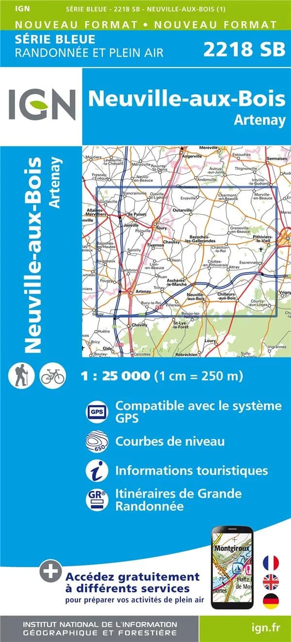 Neuville-aux-Bois : Artenay (Éd. 1) réalisé et édité par l'Institut national de l'information géographique et forestière ; [surcharges] Fédération française de la randonnée pédestre
