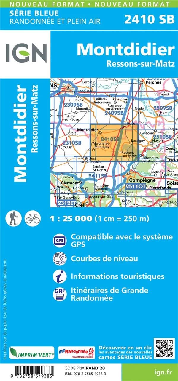 Montdidier : Ressons-sur-Matz (Éd. 1) réalisé et édité par l'Institut national de l'information géographique et forestière ; [surcharges] Fédération française de la randonnée pédestre