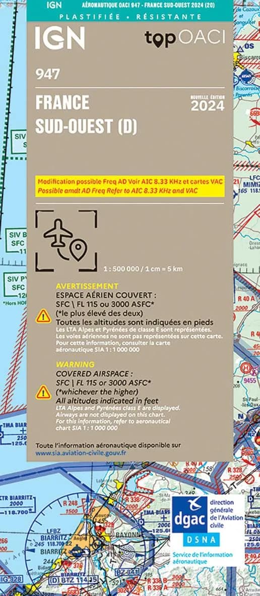 France sud-ouest (20e édition) [réalisé et publié par l']Institut national de l'information géographique et forestière ; [surcharges aéronautiques] SIA ; OACI