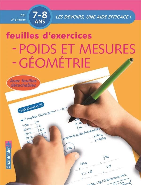 Poids et mesures, géométrie ; CE1, 2e primaire ; feuilles d'exercices