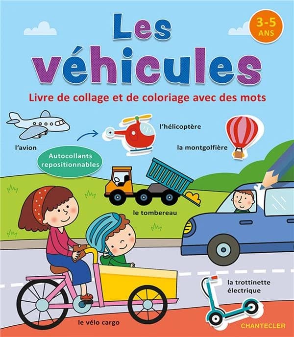 Les véhicules : livre de collage et de coloriage avec des mots : [Album à colorier]