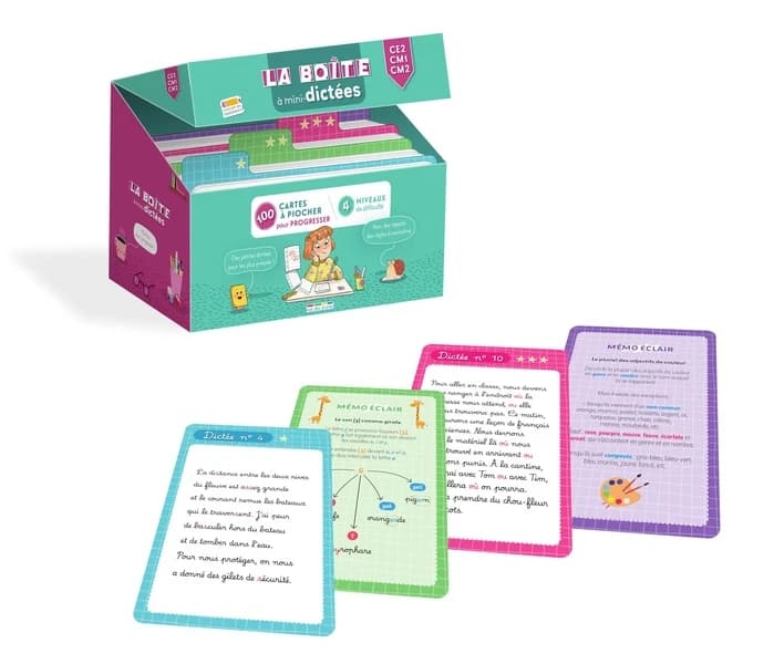 La boîte à mini-dictées : CE2-CM1-CM2 ; 100 cartes à piocher pour progresser !
