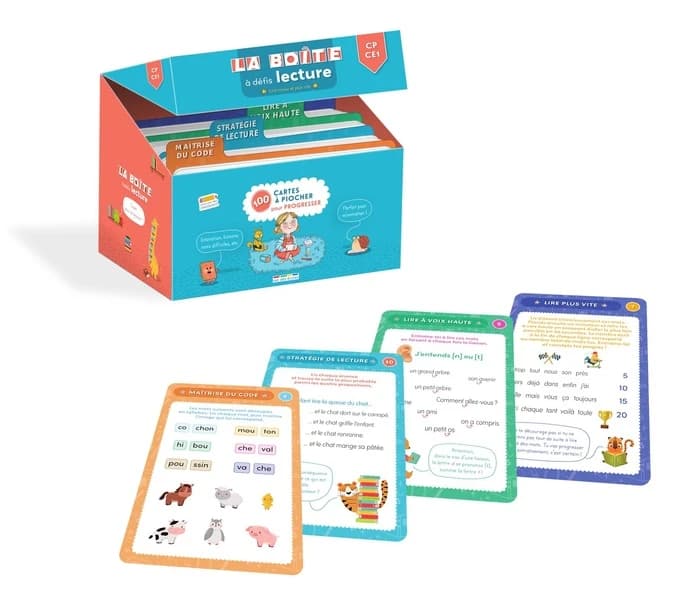 La boite à défis lecture : lire mieux et plus vite : CP-CE1 ; 100 cartes a piocher pour progresser !