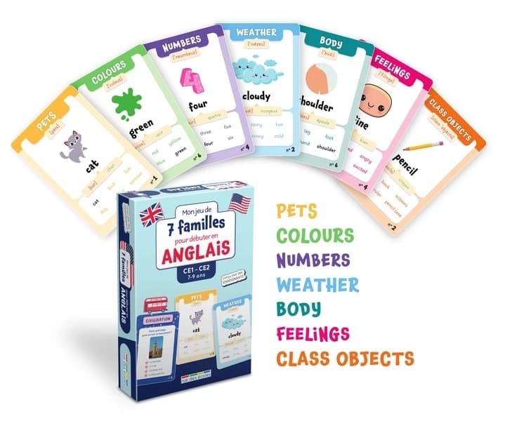 Mon jeu de 7 familles pour débuter en anglais CE1-CE2 : 49 cartes pour découvrir la langue anglaise !