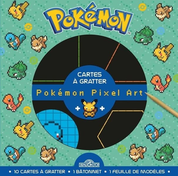 Cartes à gratter : Pokémon : pixel art : Pikachu, Bulbizarre, Salamèche, Carapuce