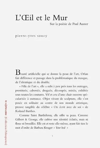 L' œil et le mur : sur la poésie de Paul Auster