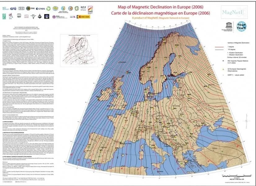 Map of magnetic declination in Europe (2006)