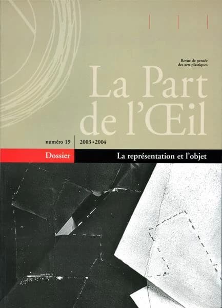 La part de l'oeil : 2003-2004. Dossier : la représentation et l'objet. Ce dossier comprend les actes du colloque organisé à l'académie royale des beaux-arts de Bruxelles les 13 et 14 mai 2000 à l'initiative de l'association la lysimaque et les éditions la