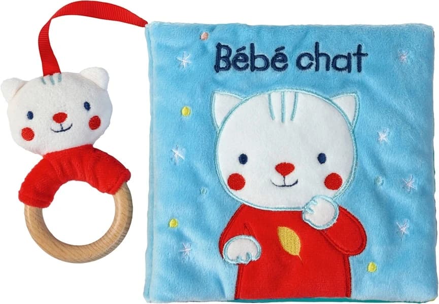 Bébé chat : un livre en tissu brodé, enrichi de papier crissant et d'un joli hochet