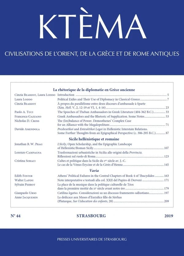 Ktèma n.44 : La rhétorique de la diplomatie en Grèce ancienne : Sicile hellénistique et romaine