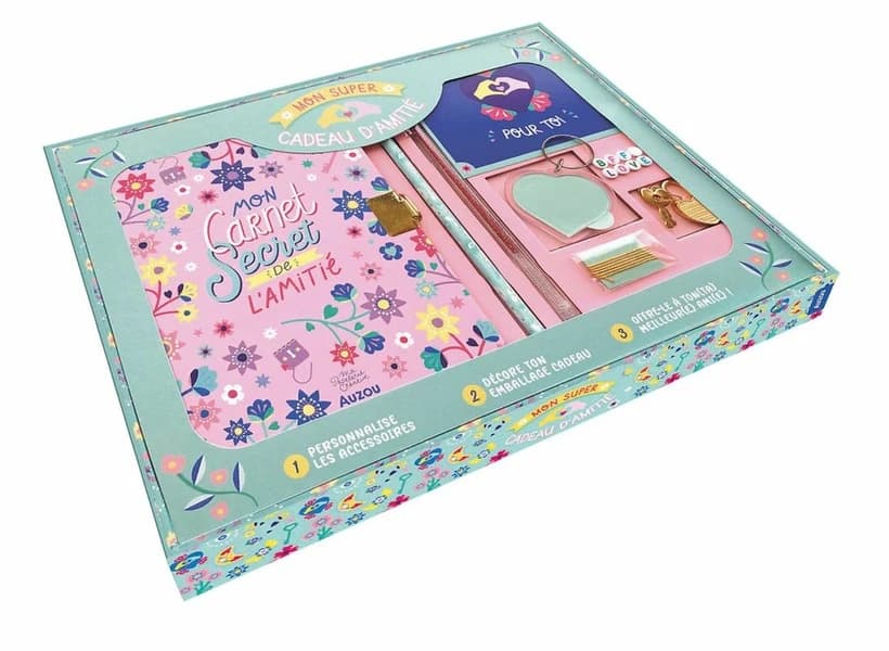 Mon super cadeau d'amitié : Mon carnet secret de l'amitié avec 1 stylo et 1 crayon, 1 porte-clé à monter, 1 bracelet à fabriquer, 1 coffret cadeau, 1 jolie carte, des autocollants et 1 fiche explicative