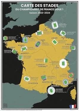Carte des stades du championnat de France Ligue 1 : saison 2023-2024