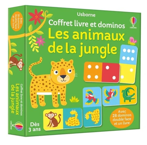 Coffret livre et dominos : les animaux de la jungle