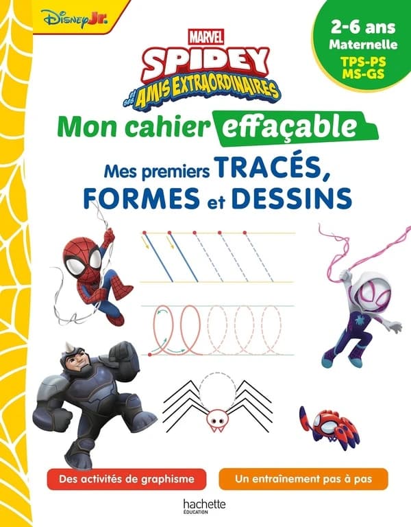 Marvel Spidey et ses amis extraordinaires ; Mon cahier effaçable ; TPS, PS, MS, GS ; Mes premiers tracés, formes et dessins