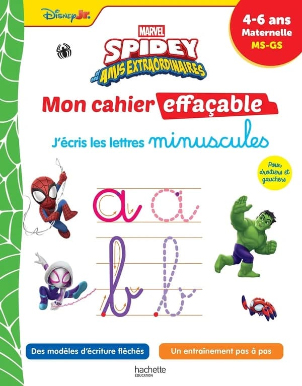 Spidey et ses amis extraordinaires ; Mon cahier effaçable ; MS, GS ; J'écris les minuscules