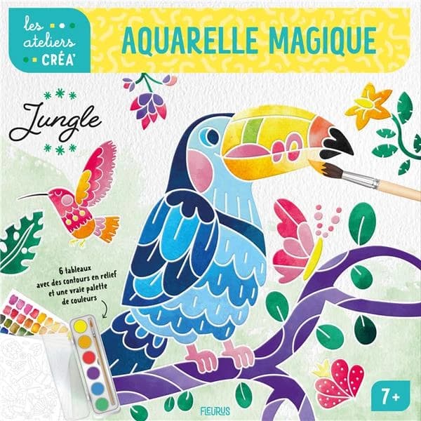 Aquarelle magique jungle : 6 tableaux avec des contours en relief et une vraie palette de couleurs