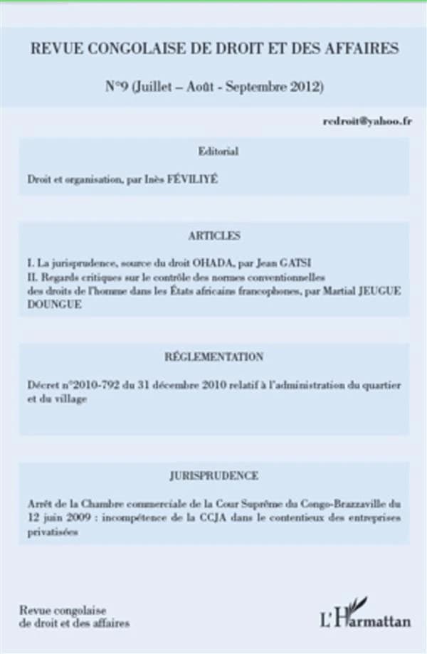 REVUE CONGOLAISE DE DROIT ET DES AFFAIRES n.9 : juillet août septembre 2012