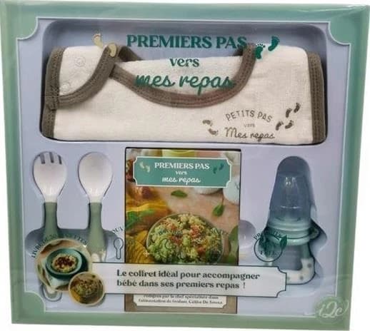 Premiers pas vers mes repas : Coffret avec 1 set de couverts, 1 grignoteuse, 1 bavoir et 1 livre de 30 recettes