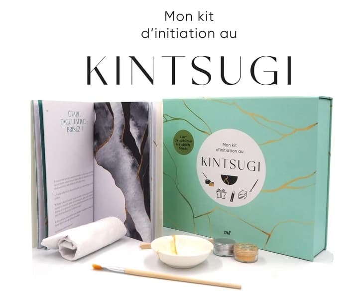 Mon kit d'initiation au Kintsugi : L'art de sublimer les objets brisés. Coffret avec 1 livre, 1 coupelle, de la colle époxy, de la poudre argentée et dorée, 1 pinceau, des gants, 4 bâtonnets et 1 chiffon