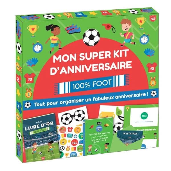 Mon super kit d'anniversaire 100% foot : Avec 1 super livre d'or, 1 livret pour tes parents, 15 cartons d'invitation avec leurs enveloppes, 1 planche de stickers, 6 accessoires photobooth et 1 poster