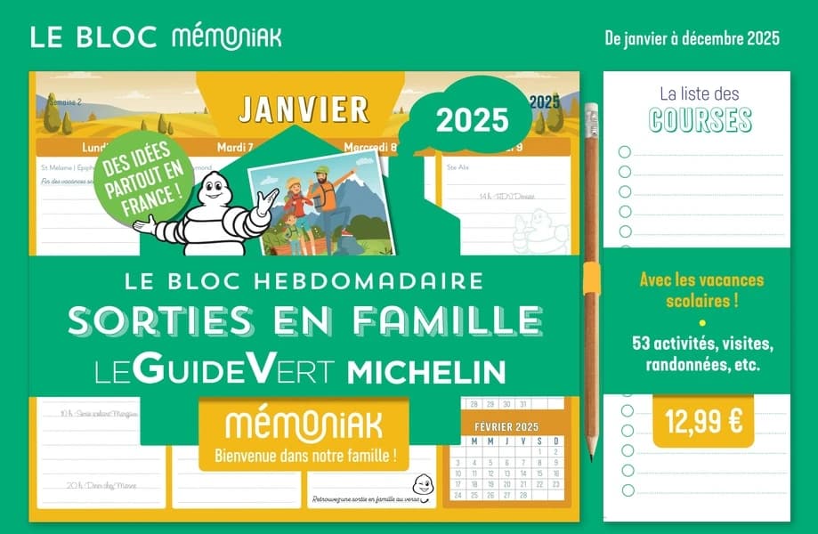 Mémoniak : Le bloc hebdomadaire sorties en famille avec le guide vert Michelin : De janvier à décembre (édition 2025)