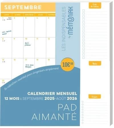 Mémoniak : Pad aimanté calendrier mensuel : De septembre à décembre (édition 2025