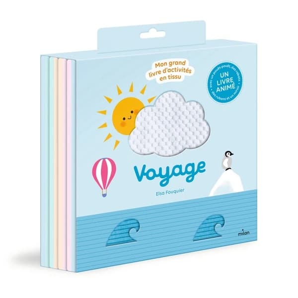 Voyage : mon grand livre d'activités en tissu : un livre animé avec un pouët-poüet, des rabats, des rubans et un miroir