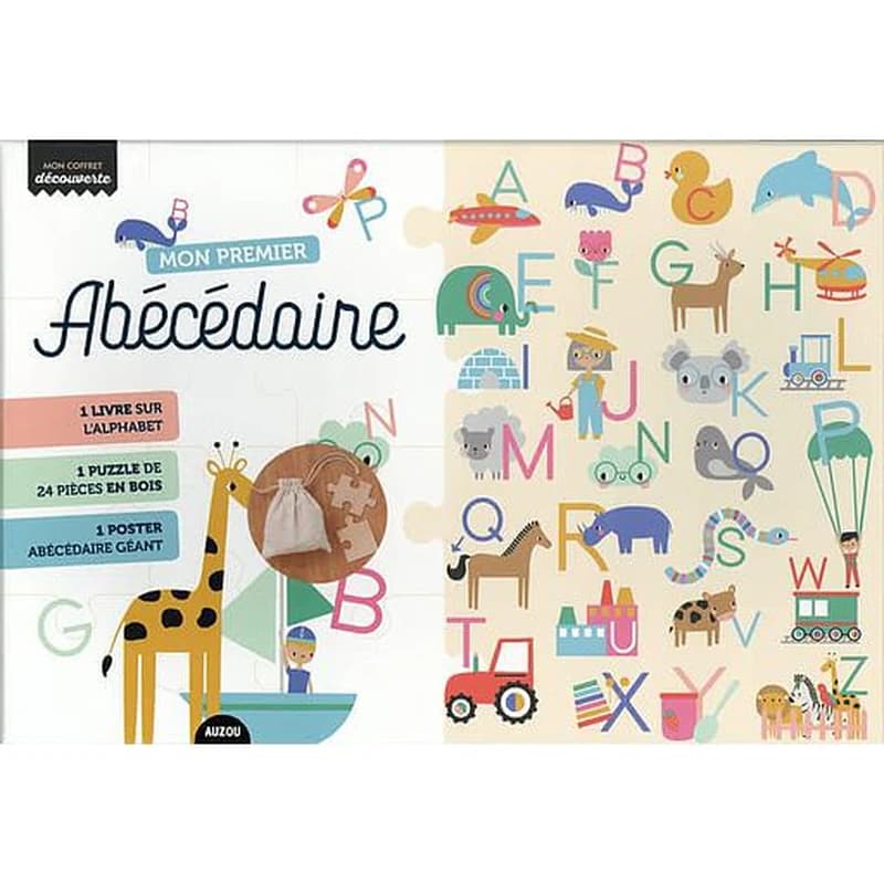 Mon premier abécédaire : 1 livre sur l'alphabet, 1 puzzle de 24 pièces en bois, 1 poster abécédaire géant : mon coffret découverte