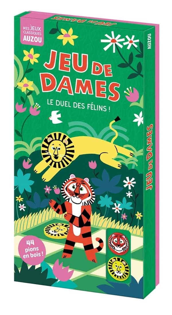 Jeu de dames Le duel des félins ! : Avec 1 plateau recto-verso, 20 pions tigre en bois, 20 pions lions en bois, 4 pions de secours et 2 sacs en toile