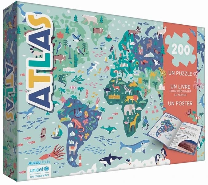 Atlas : Un puzzle 200 pièces, un livre pour découvrir le monde, un poster